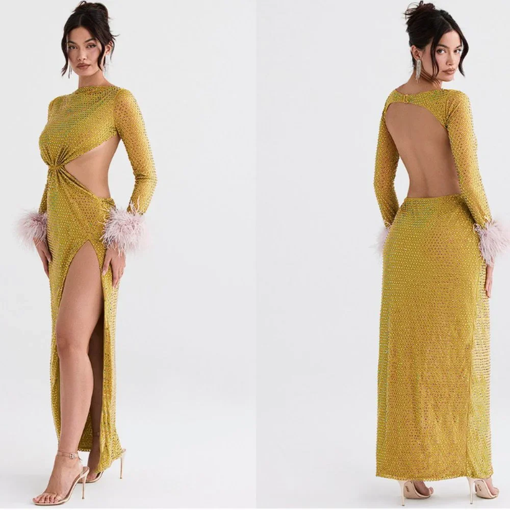 HOUSE OF CB 'Gina' Feathered Chartreuse Crystallised Maxi Dress NWOT - Picture 3 of 11